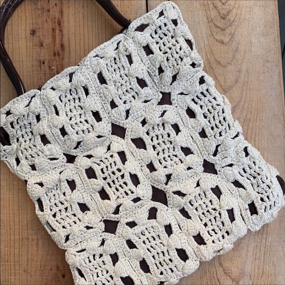 Off White Crochet Bag with Wooden Handles - Picture 1 of 5